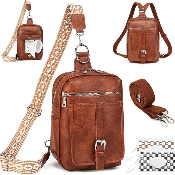 Sling Bag Crossbody Backpack - 2 in 1 Leather Cross Body Bag Fanny Pack with 2 R - Picture 1 of 9